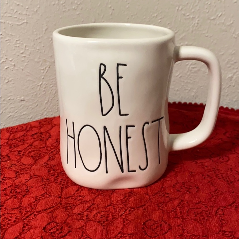 Rae Dunn mug with “Be Honest” text